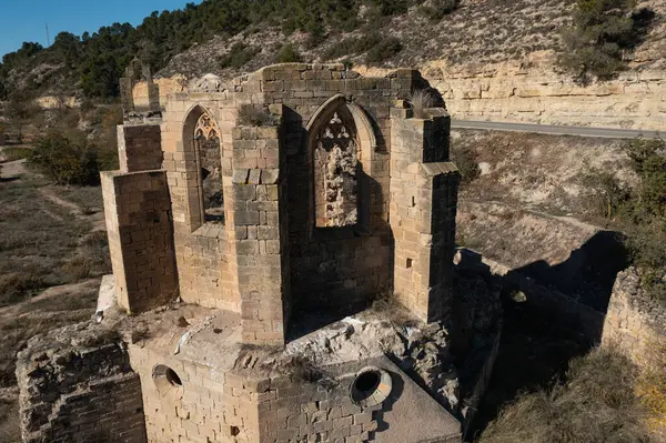 stock image Aerial view of ruins of the abbey of Santa Maria de Vallsanta is located in the municipality of Guimera, province of Lleida