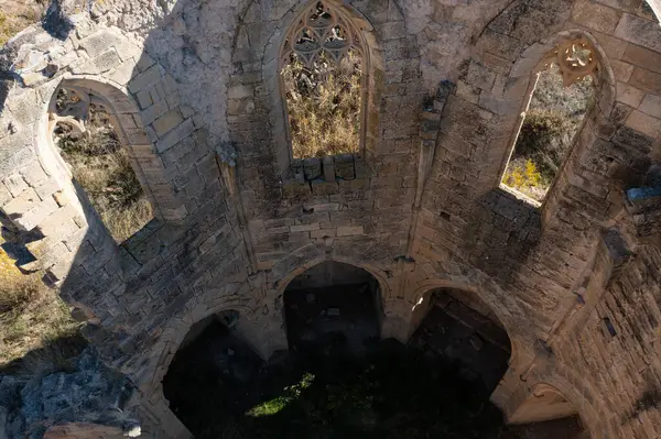 Stock image Aerial view of ruins of the abbey of Santa Maria de Vallsanta is located in the municipality of Guimera, province of Lleida