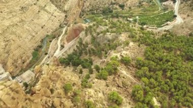 Ojos rezervuarından Ricote Vadisi 'nin bir kısmının havadan görünüşü, meyve bahçesi ve palmiye ağaçları, Murcia bölgesi, İspanya