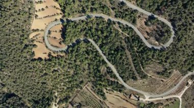 Katalonya, İspanya 'da çam kaplı dağlar arasındaki dolambaçlı bir kır yolunun inanılmaz hava manzarası.