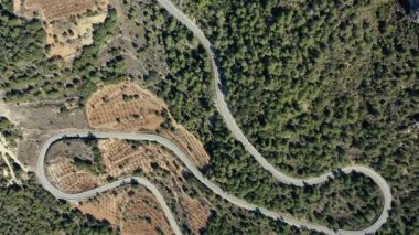 Katalonya, İspanya 'da çamlarla kaplı dağlar arasındaki mükemmel kıvrımlarla dolu dolambaçlı kırsal yolun inanılmaz hava manzarası..