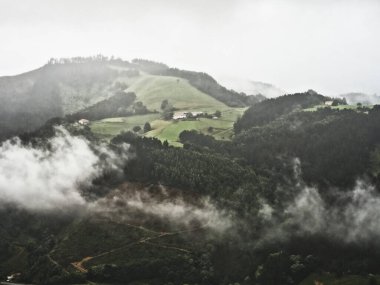 Dağ manzarası sisle kaplı yeşil bitki örtüsüyle