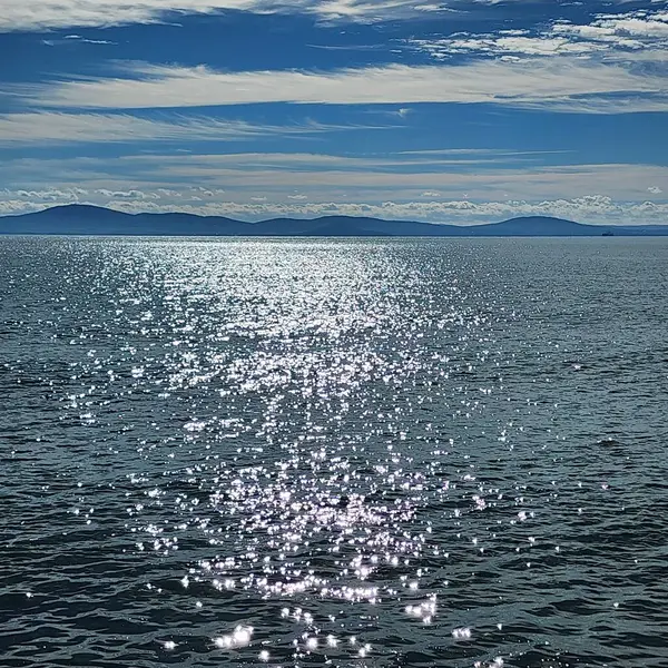 Denizin gümüş dalgaları üzerinde dağınık sirrus bulutları. Güneşin yolu denizin yüzeyinde parlıyor.