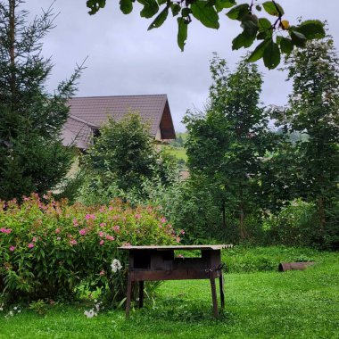 Güneşli bir günde açık alanda barbekü yapmak.