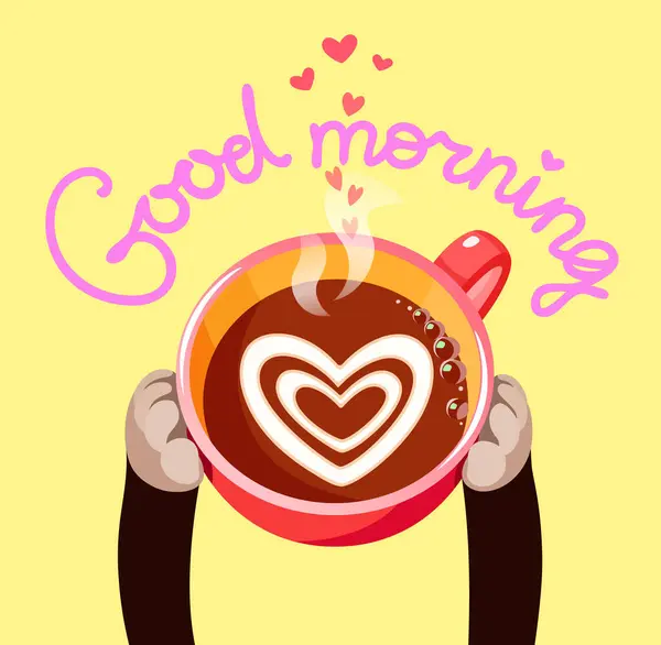 Kedi patileri, içinde kalp olan bir fincan kakao sunar. Bardağın üstünde kalplerle günaydın mesajı at.