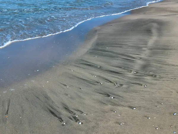 Deniz dalgasının kenarında, kumsalın kara kumunu yıkıyor.