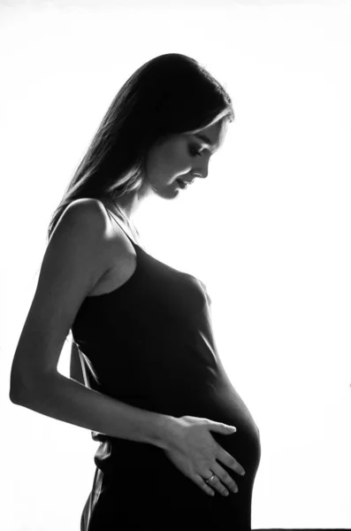 Black White Photo Pregnant Woman White Background — Stock Photo, Image