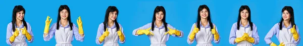 黄色のゴム手袋ときれいなエプロンの美しい女性のセット青の背景に隔離された異なるジェスチャーを示しています — ストック写真