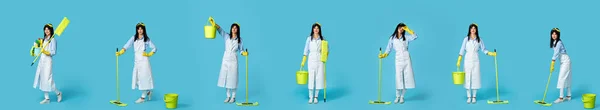Serie Allegra Donna Detergente Professionale Guanti Gomma Grembiule Più Pulito — Foto Stock