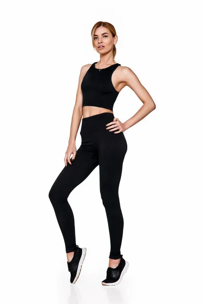 Sporty Blonde Woman Sportswear Training Slim Girl Black Sport Leggings — Stock Photo, Image