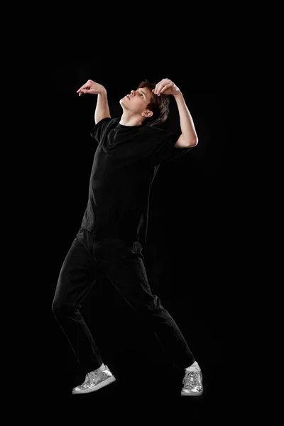 Young Man Black Shirt Dancing Black Background Full Length Stock Picture