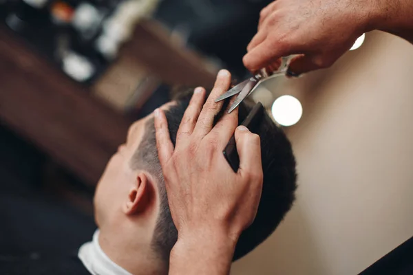 Hairdresser Does Haircut Caucasian Man Barber Shop Close — Stock Photo, Image