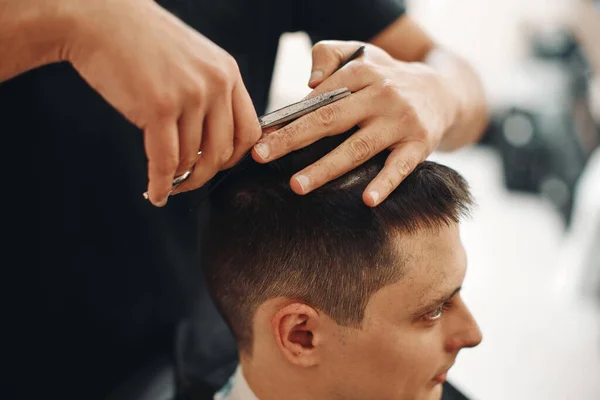 Hairdresser Does Haircut Caucasian Man Barber Shop — Stock Photo, Image