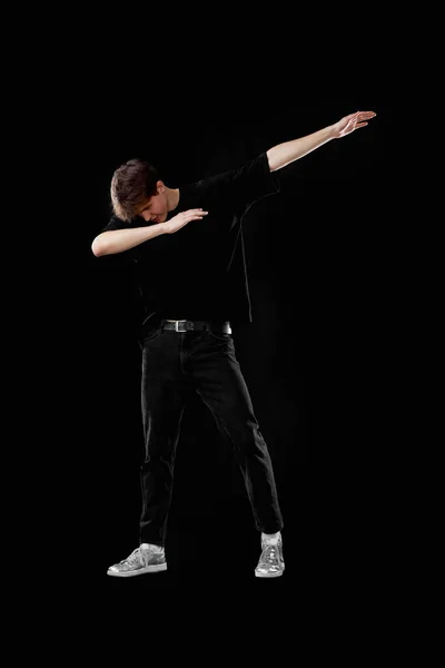 Young Man Black Shirt Dancing Black Background Full Length — Stock Photo, Image