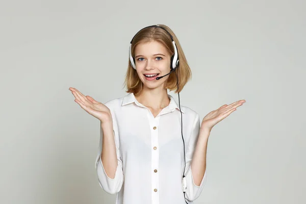 Friendly Smiling Blonde Woman Headset Consulting Clients Online Call Center — Photo