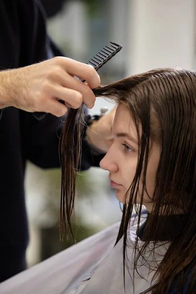 male hairdresser is combing the hair of the female client. hairdresser doing hair to his client woman