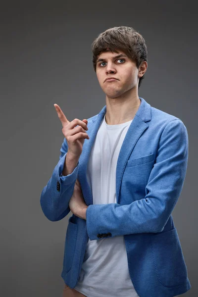 Handsome Caucasian Young Man Jacket Pointing Finger Gray Background — Fotografia de Stock