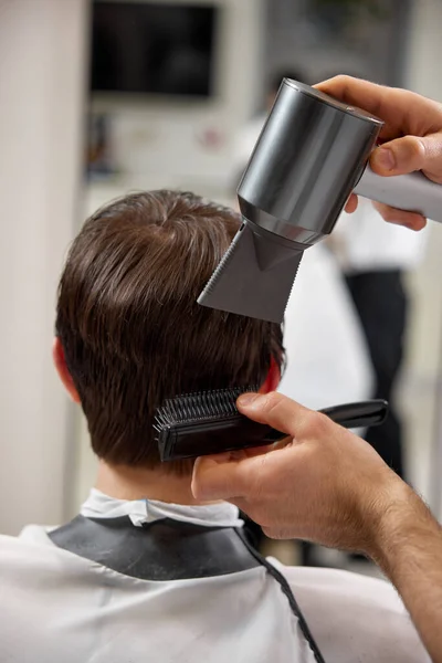 Professional Hairdresser Work Man Client Hair Dryer Barber Shop Haircut — Stock Photo, Image