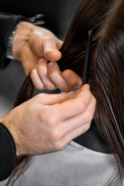 男理发师正在梳理女顾客的头发 美发师给他的客户女人做头发 — 图库照片