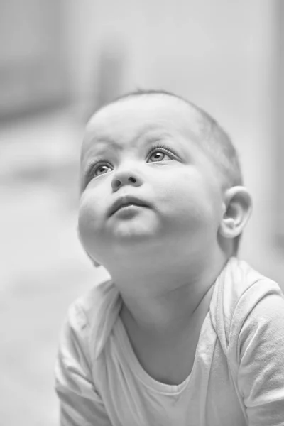 Портрет Милой Малышки Смотрит Вверх Черный Белый — стоковое фото