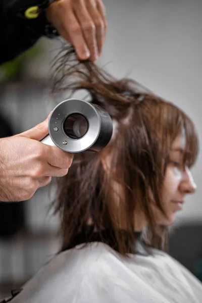 Man Hairdresser Dries Female Hair Hairdryer Washing Beauty Salon — Stok fotoğraf