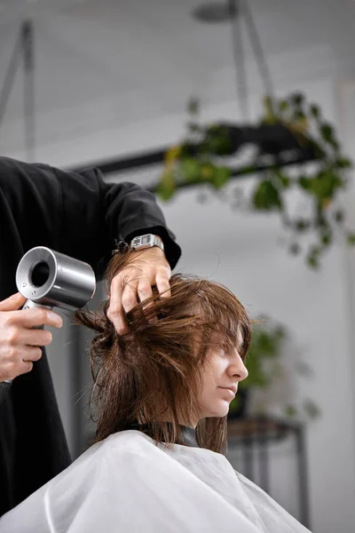 Man Hairdresser Using Hair Dryer Female Hair Washing Beauty Salon — Stock Photo, Image