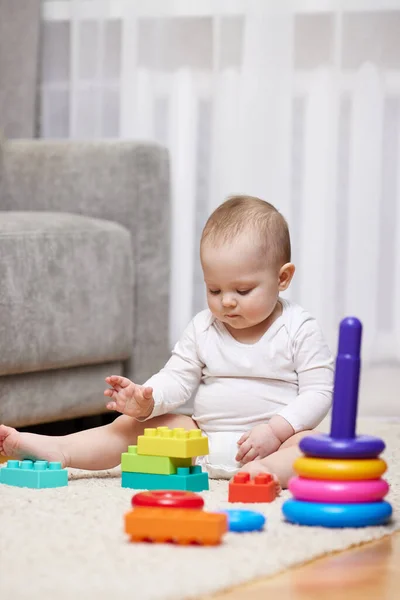 Cute Baby Girl Playing Toys Carpet Home — Stock Photo, Image