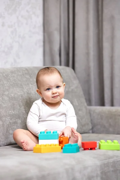 Cute Baby Girl Playing Colorful Toy Blocks Home — Stock Photo, Image