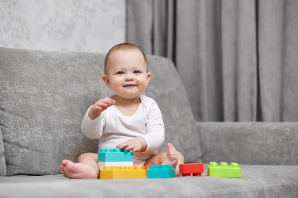 Cute Baby Girl Playing Colorful Toy Blocks Home Early Development — Stock Photo, Image