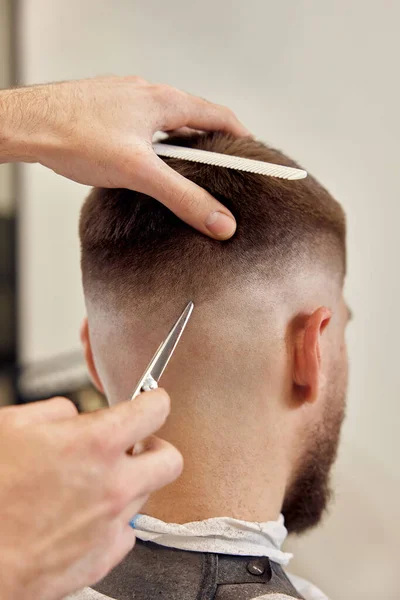 Barber Does Haircut Caucasian Bearded Man Using Comb Scissors Barber — Stock Photo, Image