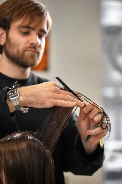 Professional Male Hairdresser Scissors Cutting Female Hair Salon — Stock Photo, Image