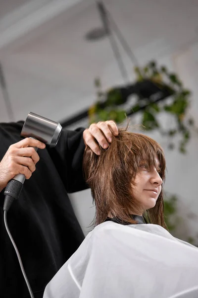Man Hairdresser Dries Female Hair Hairdryer Washing Beauty Salon — Photo