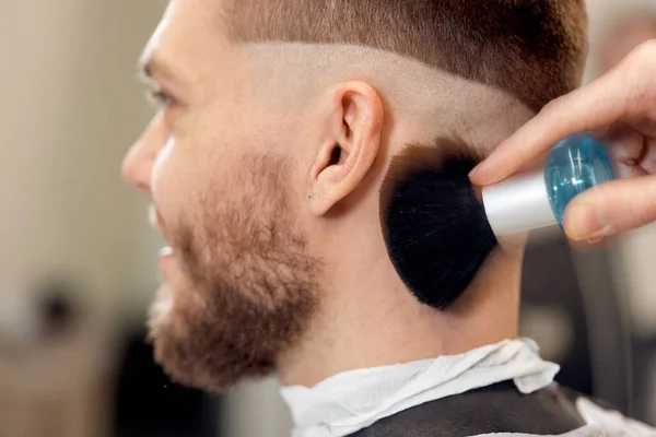 Barber Holding Brush Talco Barber Shop Close — 스톡 사진