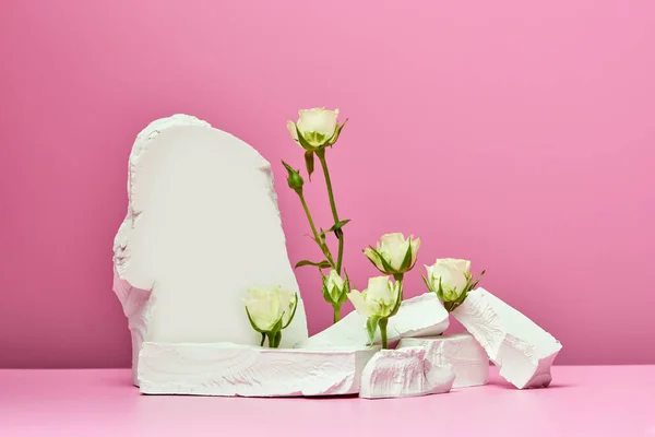 ピンクの背景に白い石と白いバラが孤立しています 表彰台製品や化粧品の — ストック写真