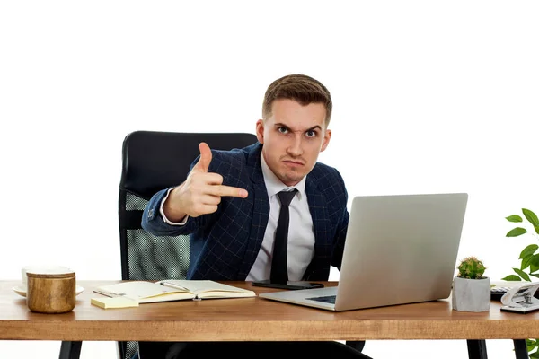 Young Happy Businessman Sitting Desk Working Laptop Computer Showing Middle — Fotografie, imagine de stoc