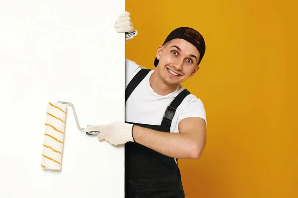 Handsome Man Working Clothes Work Paint Roller Wall Painting Web — Stock Photo, Image