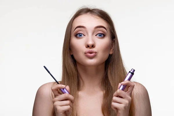 Charming Funny Young Woman Hold Mascara Isolated White Background — Stock Photo, Image