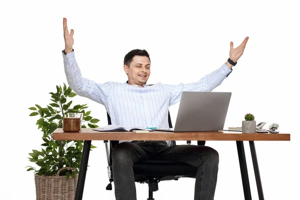 Memnun Adamı Duygusal Olarak Kol Hareketi Yapıyor Ofiste Zaferi Kutluyor — Stok fotoğraf