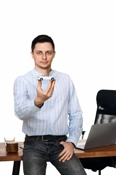 Successful Caucasian Businessman Holding Toy Car While Standing Desk Car — Stock Photo, Image