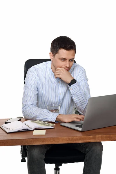 Sad Businessman Using Laptop Computer Online Work Table White Background — Stock Photo, Image