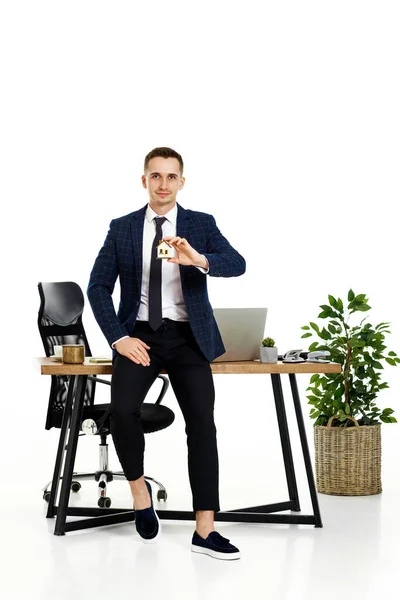 Successful Caucasian Businessman Holding Toy House Office Real Estate Insurance — Stock Photo, Image