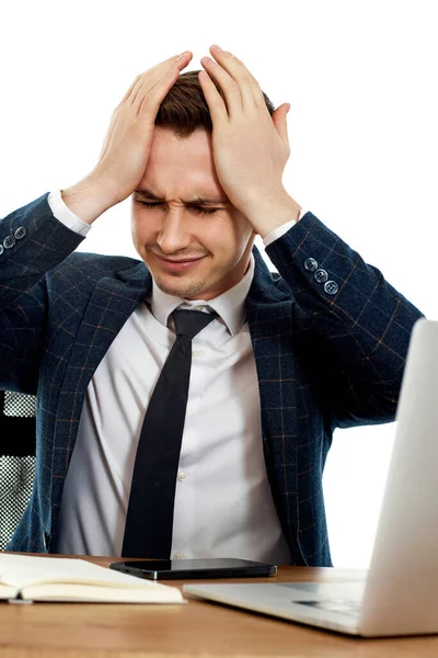 Young Businessman Using Laptop Sitting Chair Desk Having Problems Thinking — Stock Photo, Image