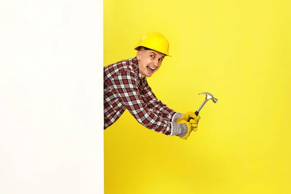 Professional Builder Work Clothes Helmet Holding Hammer Copy Space Text — Stock Photo, Image