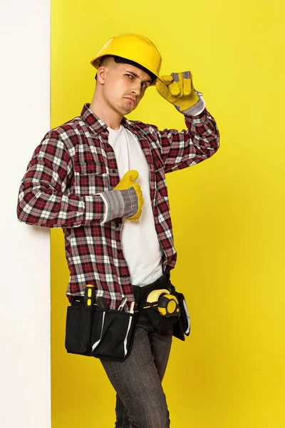 Worker Man Builder Construction Helmet White Banner Yellow Background Building — Stock Photo, Image