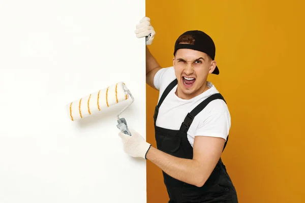 Very Excited Man Working Clothes Painting White Walls Room Copy — Stock Photo, Image