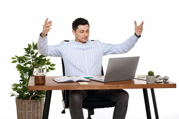 Frustrated Businessman Gesturing Emotionally Office White Background — Stock Photo, Image