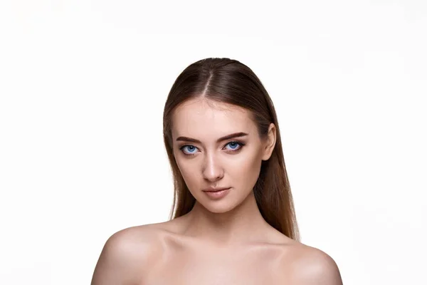 Beautiful Young Woman Perfect Skin White Background — Zdjęcie stockowe