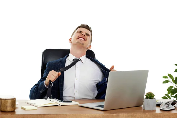 Angry Businessman Shouting Loudly Sitting Chair Desk Having Problems — Stock Photo, Image