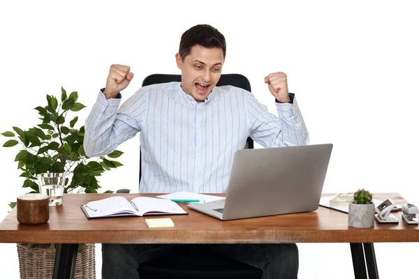 Satisfied Businessman Gesturing Emotionally Celebrating Victory Office — Stock Photo, Image