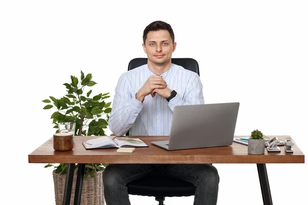 Positive Entrepreneur Man Using Laptop Computer Online Work Table White — Stock Photo, Image